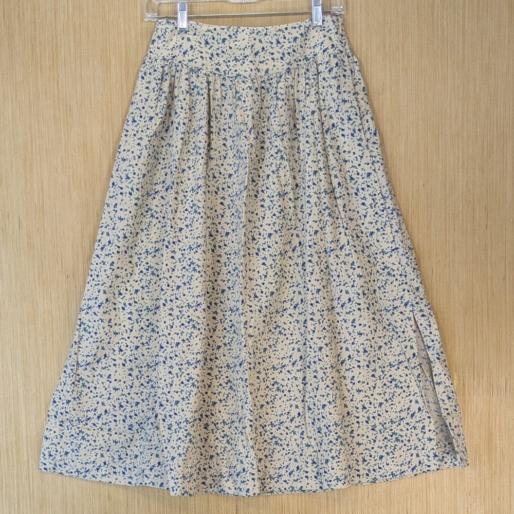 Mirth Handmade Boho Cottage Cotton Midi Skirt Size XS Beige Blue Floral Abstract